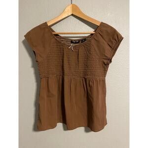 Vintage Specialty Womens Top Medium Brown Smocked Babydoll Bow Forest Grunge Y2K